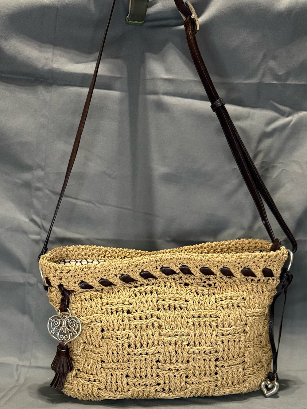 Brighton Natural Straw Crossbody with Dark Brown Leather Trim